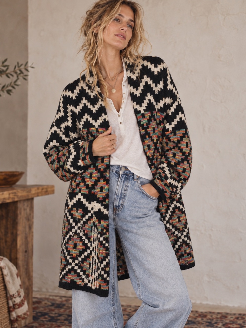 Oversized Geometric Knit Cardigan Colorful Boho Open Front